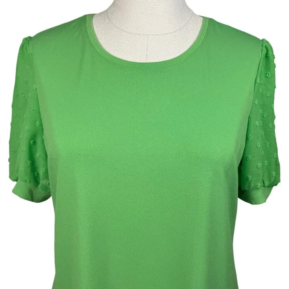 Carmen‎ Womens Blouse Large Green Sheer Puff Sleeve Mixed Media Stretch Knit Top - Picture 2 of 10